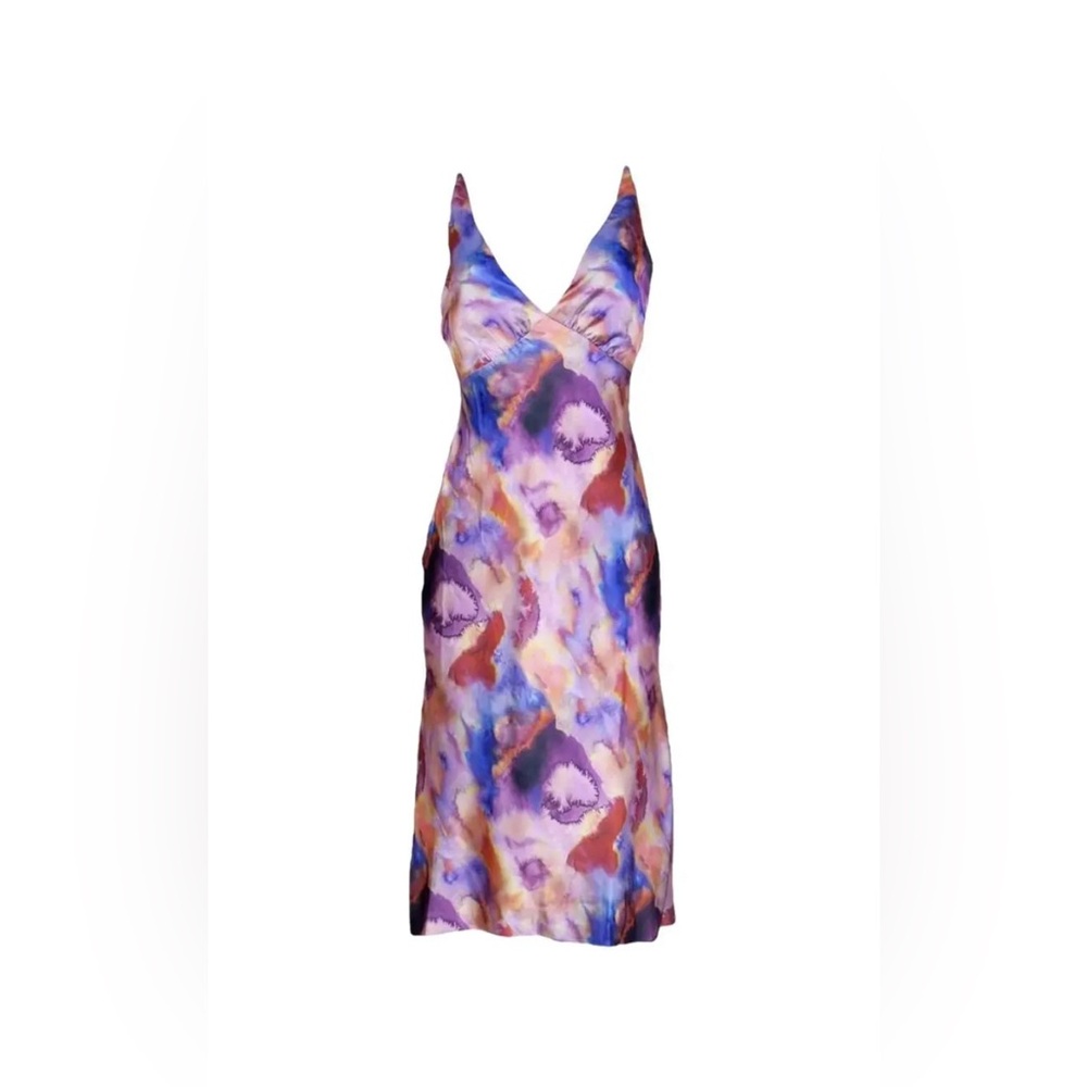 BHLDN Hazel V-Neck Printed Stretch Satin Midi Dress, Pink Multi NWOT